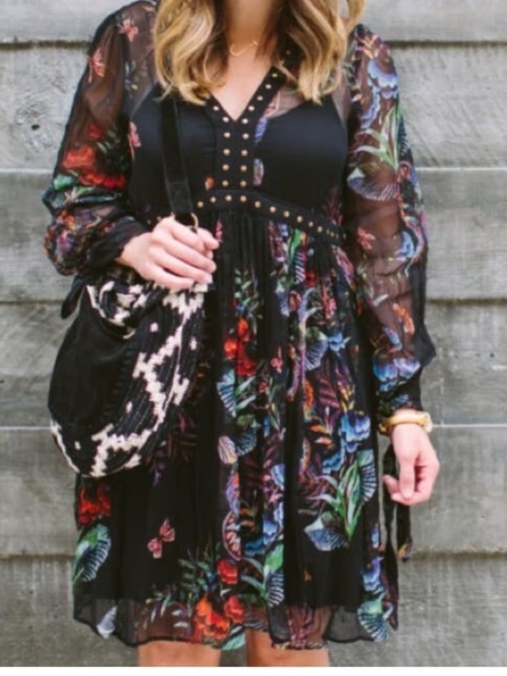 Maeve Anthropologie Black Floral Chiffon Studded Sheer Mini Dress Size 2